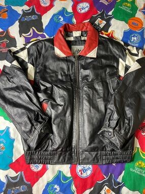 Vintage 90s Burks Bay Racing Checkered Leather Moto Jacket